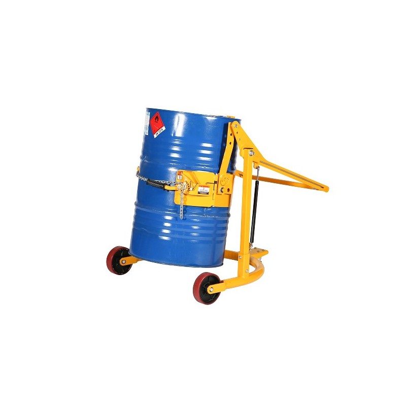 Vista desde 3/4 del carro basculante para barriles en acero 400kg