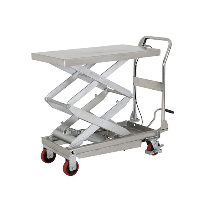 Mesa elevadora INOX 304 doble tijera plataforma 910x500mm vista desde 3/4