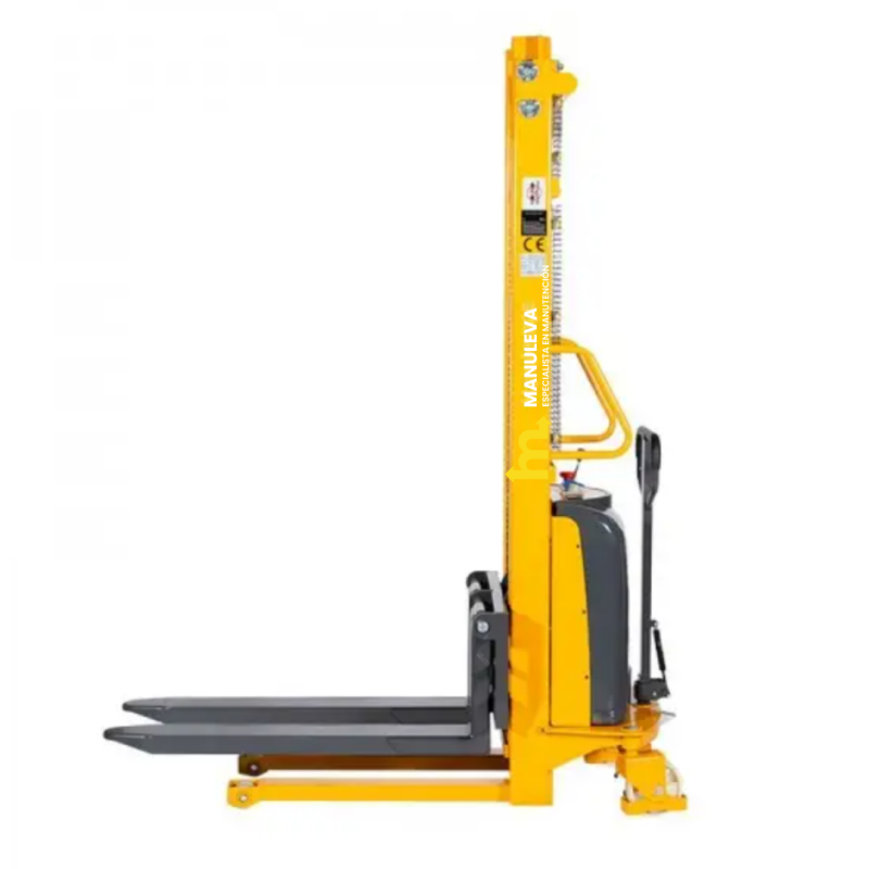 Vista de perfil del apilador semi eléctrico 1500kg 2500mm horquillas bajas