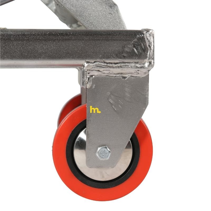 Zoom sobre la rueda de poliuretano de la mesa elevadora inoxidable 450 kg