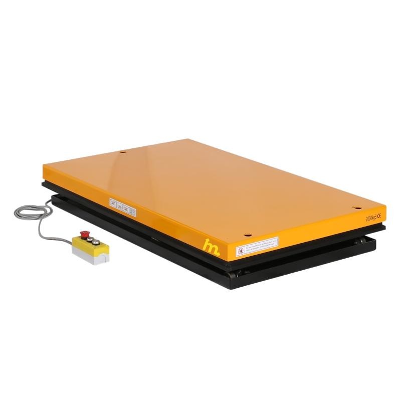 Vista de medio perfil de la mesa elevadore eléctrica 2000 kg plataforma baja