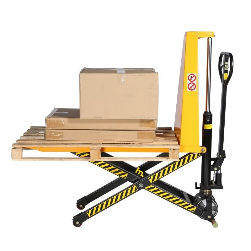 Vista de perfil de la transpaleta monocilíndrica horquillas medio-altas