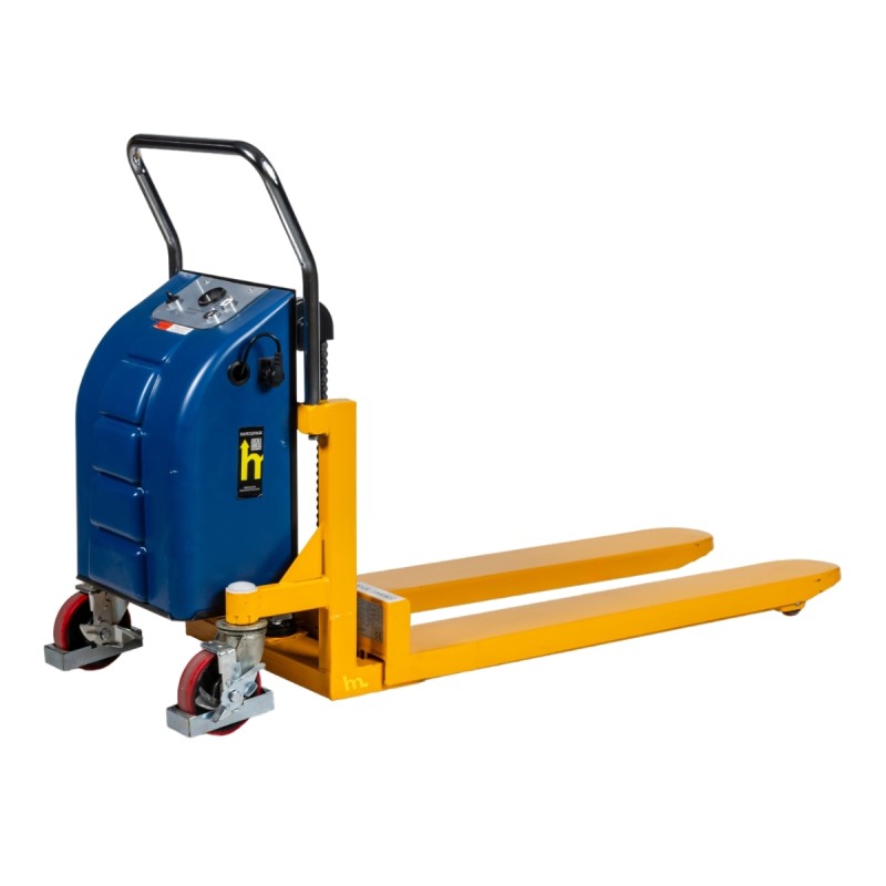 Vista delantera de 3/4 de la transpaleta elevadora semieléctrica 1000kg 855mm - horquillas bajas