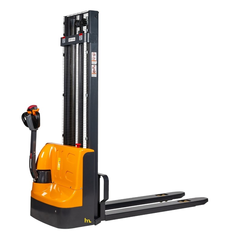 Vista desde 3/4 del Apilador eléctrico 3500 mm Capacidad 1500 kg Horquillas 1550 mm mástil plegado