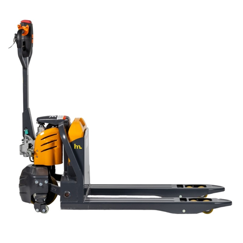 Vista de perfil de la transpaleta eléctrica batería litio 30Ah horquillas 950mm