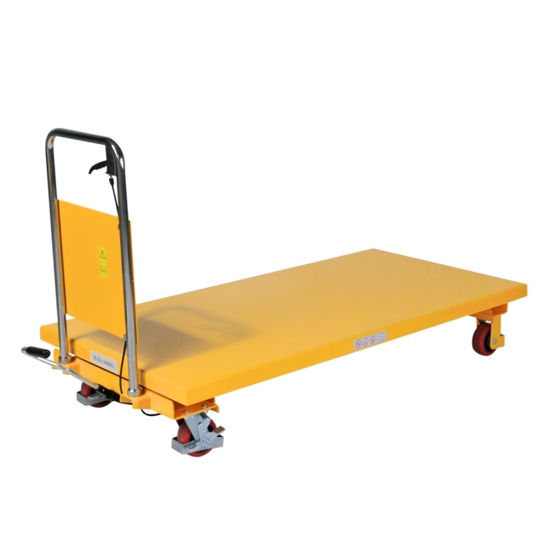 Vista 3/4 de la Plataforma elevadora hidráulica 500 kg - 1600 X 810 MM totalmente bajada