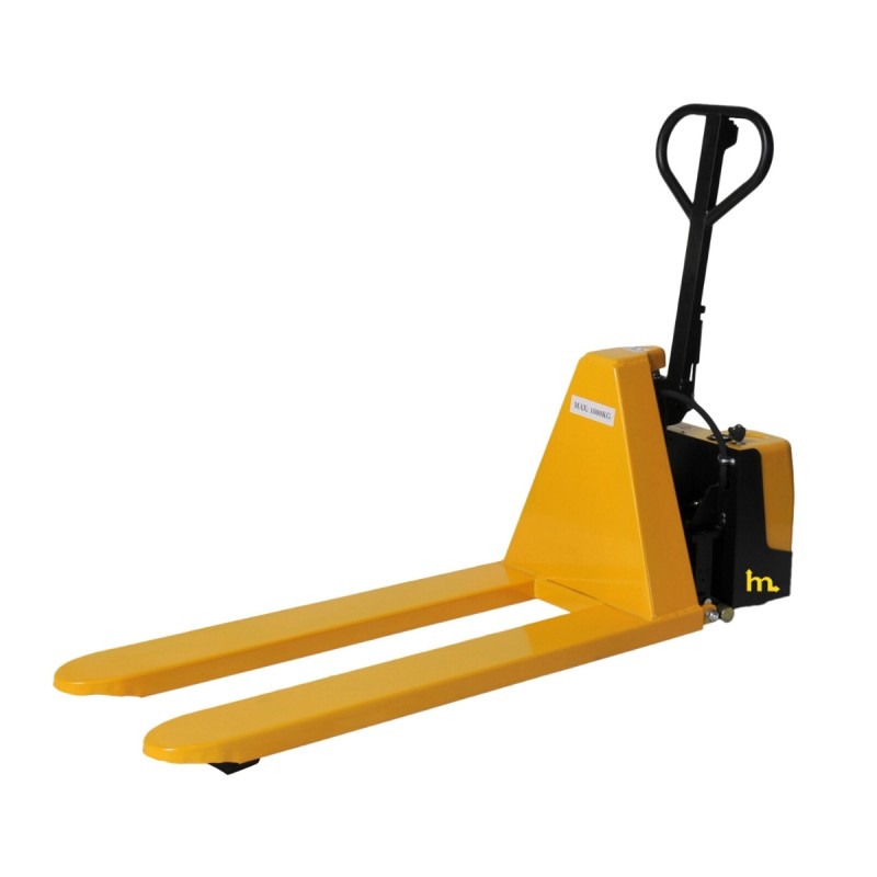 Vista 3/4 de la Transpaleta elevadora eléctrica bicilíndrica Elevación 800 mm con las horquillas bajadas