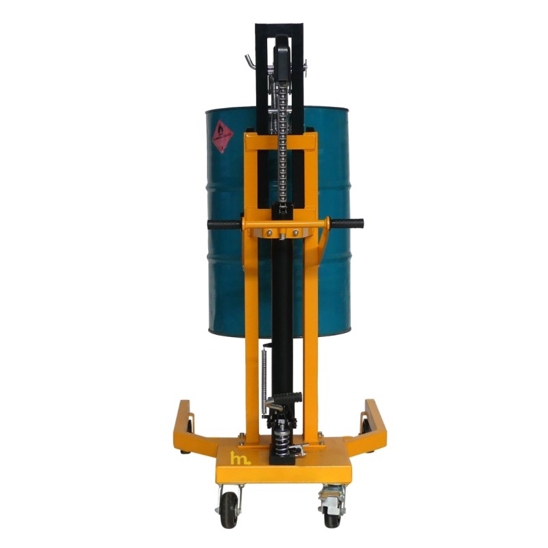 Vista trasera con barril del elevador de barriles hidráulico 450 kg