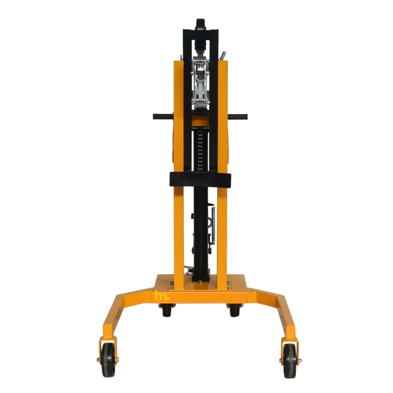 Vista frontal del elevador de barriles hidráulico 450 kg