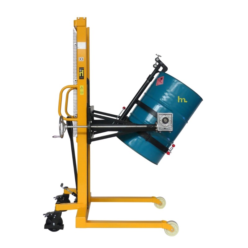 Vista lateral del apilador Volteador De Bidones 450 Kg -  Uñas separación 850 mm para palets - Elevación 1600 Mm
