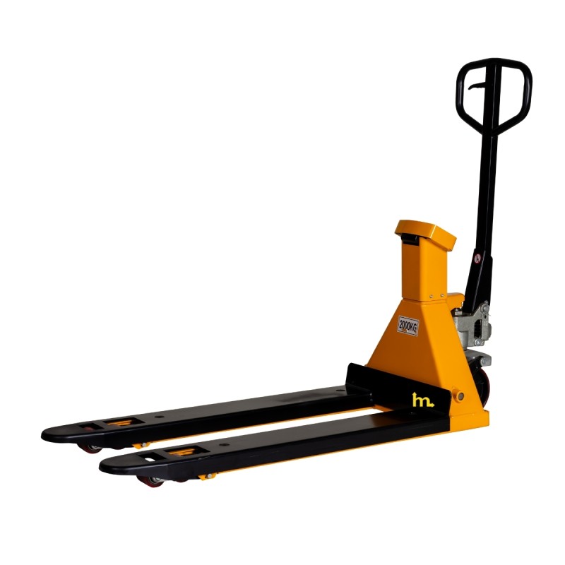 Vista trasera de la Transpaleta pesadora 2000 kg con impresora de etiquetas adhesivas