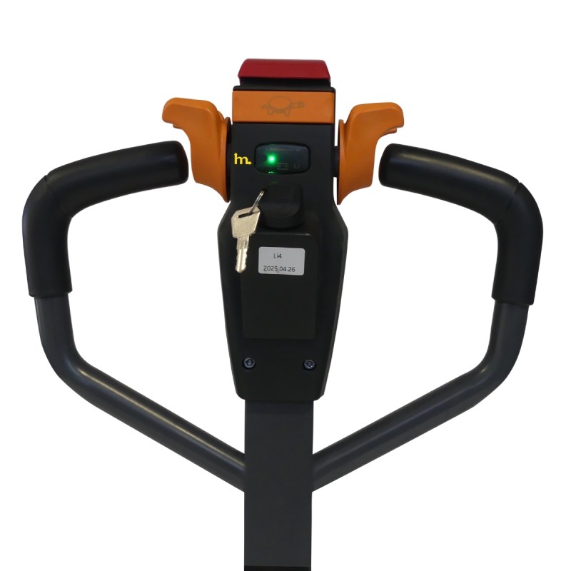 Vista del timon de la transpaleta eléctrica 1500 kg - horquillas de 1150 mm - batería de litio de 20 Ah