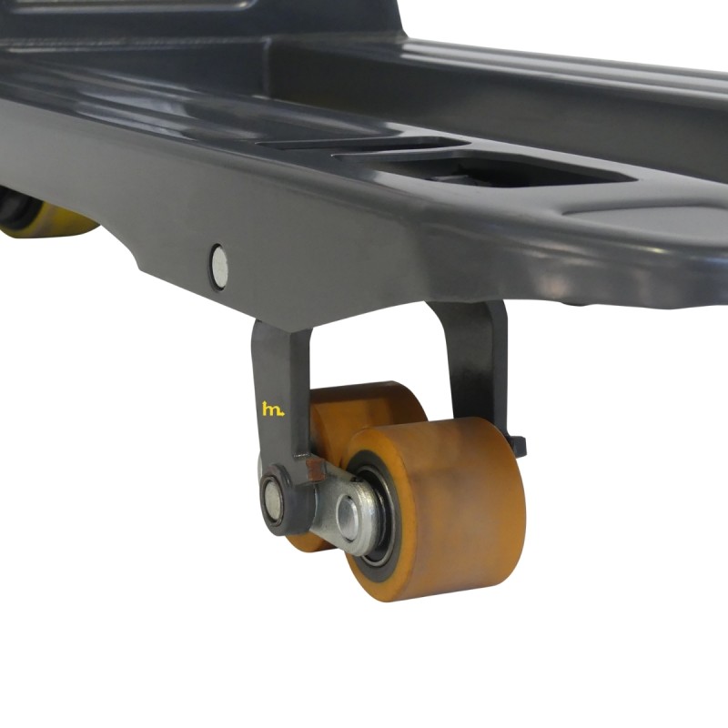 Vista de los rodillos de la transpaleta eléctrica 1500 kg - horquillas de 1150 mm - batería de litio de 30 Ah