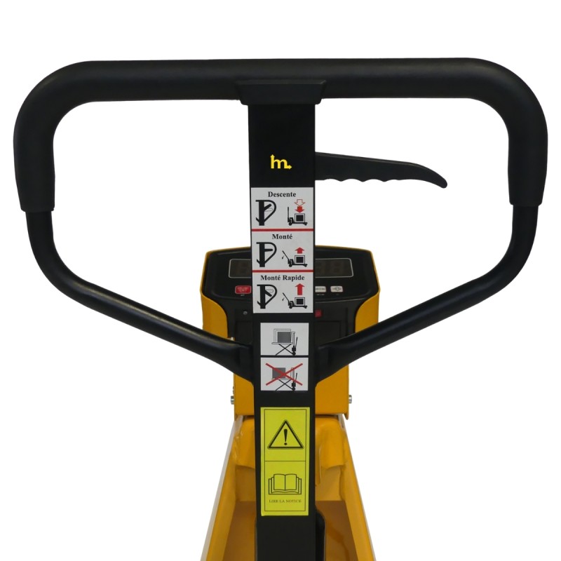 Vista del timon de la transpaleta manual pesadora elevadora monocilíndrica 1500 kg