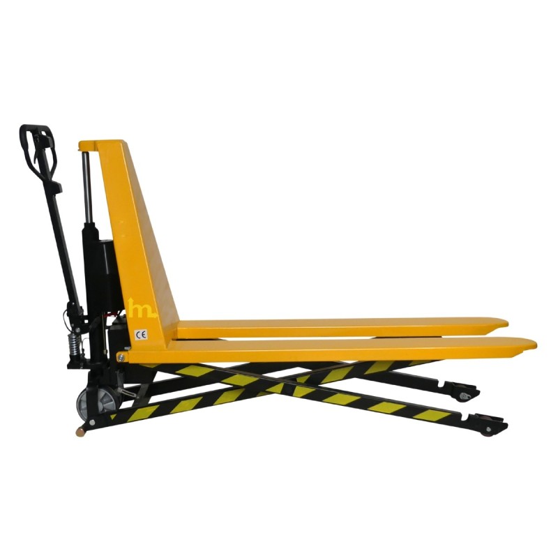 Vista de perfil de la transpaleta elevadora semieléctrica 1000 kg - Horquillas largas 1500 mm