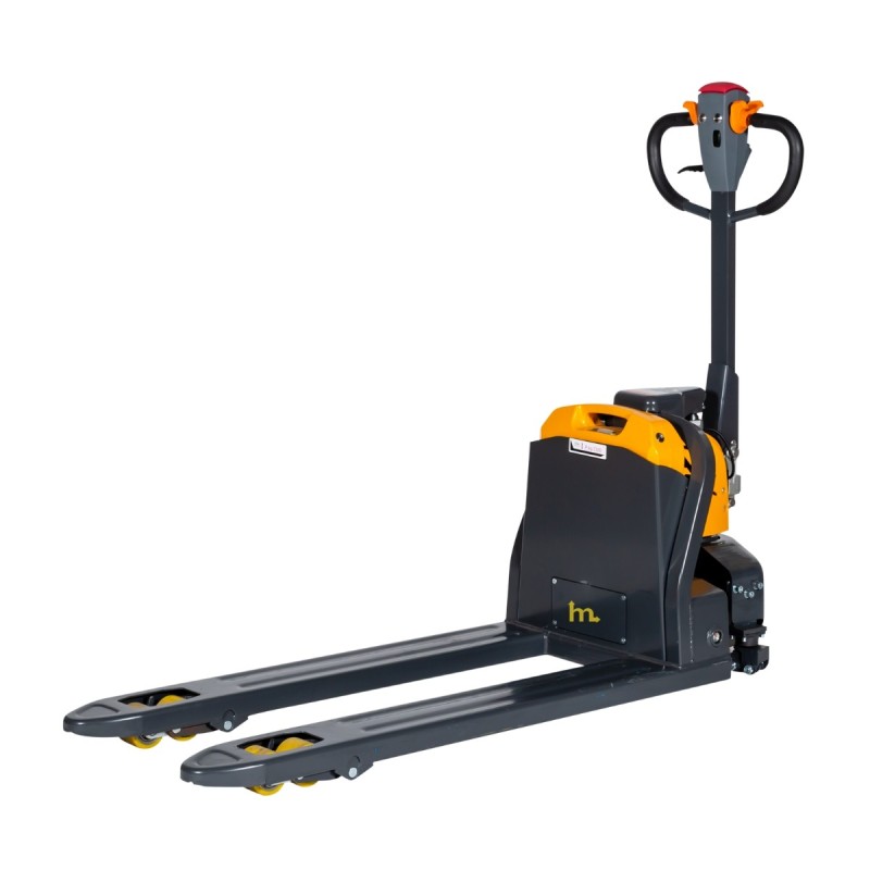 Vista en 3/4 de la transpaleta eléctrica EXPERTA 2000 kg - Batería de litio de 48 Voltios 20 Ah