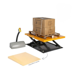 Vista de 3/4 de la mesa elevadora extraplana 1000 kg 220V con rampa opcional