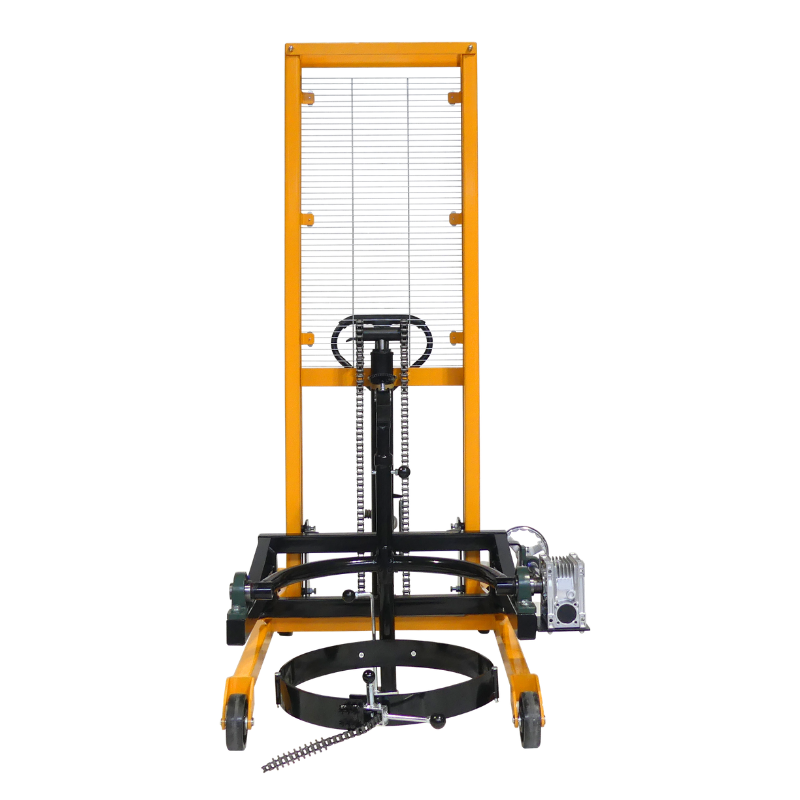 Apilador volteador de barriles 450 kg - Elevación 1500 mm vista frontal con el gancho