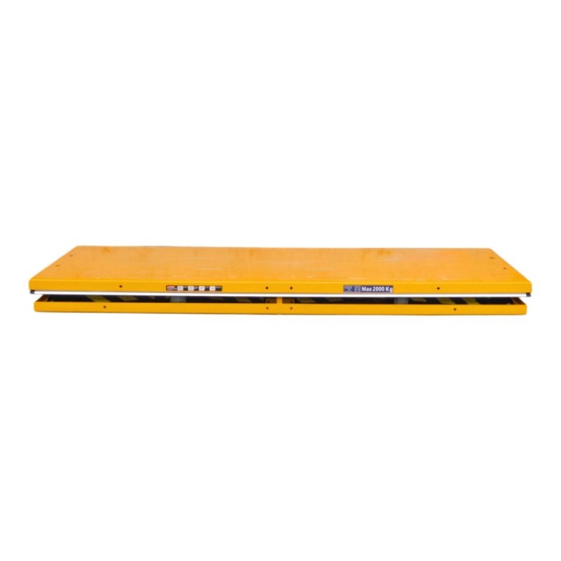 Vista de la mesa elevadora eléctrica doble tijera horizontal 2000 kg - plataforma 2700 x 800 mm plegada